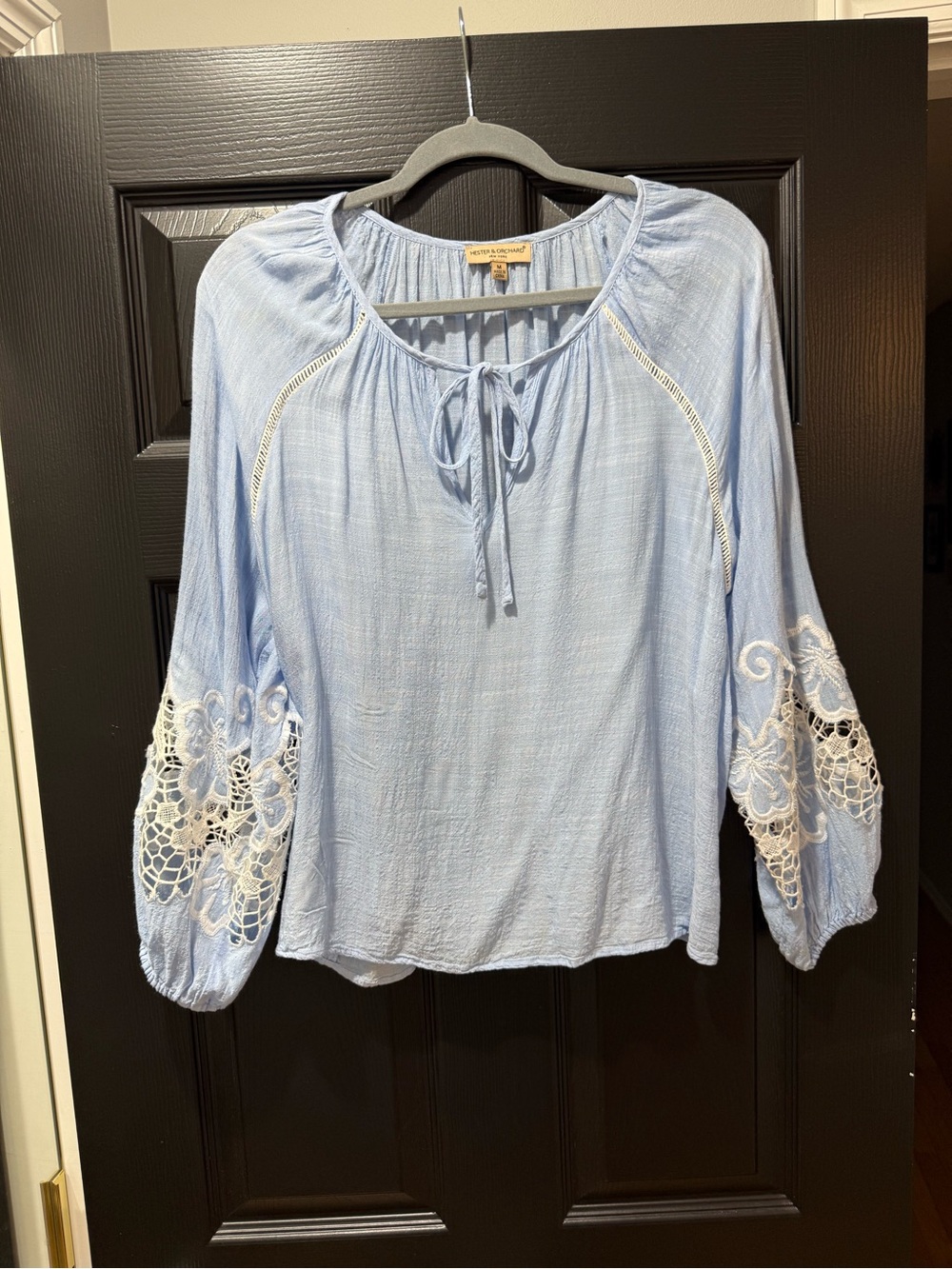 Light Blue Peasant Blouse with Crochet Sleeve Detail - Picture 2 of 9